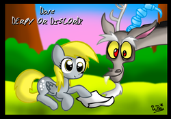 Size: 1190x834 | Tagged: safe, artist:neoncabaret, derpy hooves, discord, pegasus, pony, g4, female, mare