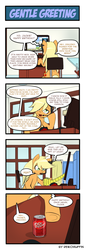 Size: 660x1914 | Tagged: safe, artist:reikomuffin, applejack, discord, draconequus, earth pony, pony, g4, comic, computer, dr pepper, drink, fourth wall, headphones, headset
