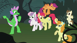 Size: 1398x775 | Tagged: safe, artist:skyjagged, apple bloom, pound cake, pumpkin cake, scootaloo, spike, sweetie belle, g4, poison joke