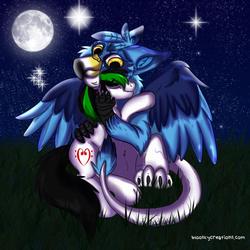 Size: 960x960 | Tagged: safe, artist:blooroo, oc, oc only, oc:flak frozenclaw, oc:trance sequence, griffon, hug, night, stars