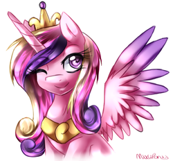 Size: 951x881 | Tagged: safe, artist:mixipony, princess cadance, alicorn, pony, g4, bust, canterlot, crown, cute, cutedance, female, jewelry, mare, one eye closed, peytral, princess, regalia, simple background, smiling, solo, spread wings, white background, wings, wink