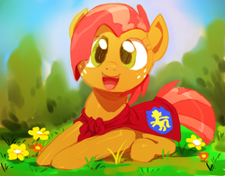 Size: 771x600 | Tagged: source needed, useless source url, safe, artist:sunibee, babs seed, earth pony, pony, g4, adorababs, cape, clothes, cute, female, filly, flower, freckles, grass, looking at you, open mouth, sky, smiling, solo, tree