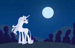 Size: 1024x663 | Tagged: safe, artist:stevenraybrown, classical unicorn, pony, amalthea, concave belly, horn, leonine tail, long horn, moon, night, ponified, slender, tall, the last unicorn, thin