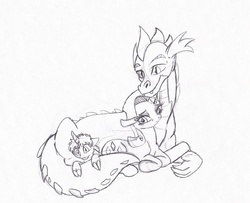Size: 2680x2174 | Tagged: safe, artist:tristanjsolarez, rarity, spike, oc, dracony, hybrid, g4, adult spike, black and white, female, grayscale, interspecies offspring, male, monochrome, offspring, older, older spike, parent:rarity, parent:spike, parents:sparity, ship:sparity, simple background, straight