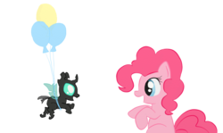 Size: 1511x900 | Tagged: safe, artist:evetssteve, pinkie pie, changeling, earth pony, nymph, pony, g4, balloon, cute, eye contact, female, floating, flying, looking at each other, mare, open mouth, simple background, smiling, transparent background