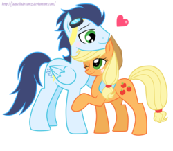Size: 1572x1373 | Tagged: dead source, source needed, safe, artist:jaquelindreamz, applejack, soarin', earth pony, pegasus, pony, g4, blushing, female, heart, male, mare, ship:soarinjack, shipping, simple background, stallion, straight, transparent background