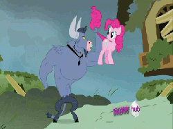 Size: 400x300 | Tagged: safe, edit, edited screencap, screencap, iron will, pinkie pie, g4, putting your hoof down, animated, hub logo, i reject your reality and substitute my own, image macro, in which pinkie pie forgets how to gravity, mythbusters, pinkie being pinkie, pinkie physics, screw gravity, the dungeonmaster, wrong aspect ratio