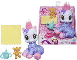 Size: 3385x2618 | Tagged: safe, lullaby moon, bear, official, baby, blanket, blushing, bottle, bow, bunny slippers, clothes, doll, filly, foal, hasbro, hub logo, hubble, slippers, so soft, the hub, toy