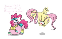 Size: 1520x950 | Tagged: safe, artist:calorie, fluttershy, pinkie pie, g4, exercise, failed workout, fat, fattershy, need to lose weight, obese, piggy pie, pudgy pie, sweat, sweatband, tongue out