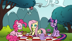 Size: 1600x905 | Tagged: safe, artist:evil-dec0y, fluttershy, pinkie pie, twilight sparkle, alicorn, butterfly, earth pony, pegasus, pony, g4, eating, female, food, magic, mare, no pupils, picnic, picnic blanket, tea, teapot, telekinesis, twilight sparkle (alicorn)