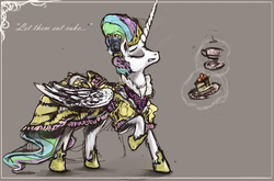 Size: 2500x1650 | Tagged: safe, artist:idriaka, princess celestia, pony, g4, alternate hairstyle, cake, cakelestia, clothes, dress, fashion, female, imminent death, marie antoinette, revolution, solo