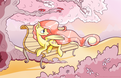 Size: 2975x1925 | Tagged: safe, artist:faikie, fluttershy, pony, g4, bench, female, solo, windswept mane