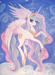 Size: 2409x3256 | Tagged: safe, artist:dalagar, princess celestia, alicorn, pony, unicorn, g4, cloud, cloudy, female, flying, looking at you, mare, painting, smiling, solo, spread wings, traditional art