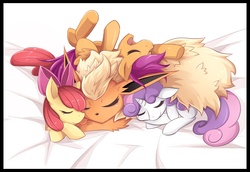 Size: 1440x993 | Tagged: safe, artist:jinzhan, apple bloom, scootaloo, sweetie belle, flareon, pony, g4, adorabloom, crossover, cuddle puddle, cuddling, cute, cutealoo, cutie mark crusaders, diasweetes, pokémon, pony pile, sleeping