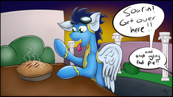 Size: 2755x1545 | Tagged: safe, artist:mrmayortheiv, soarin', pegasus, pony, g4, male, offscreen character, pie, raised hoof, solo, stallion, that pony sure does love pies, tongue out