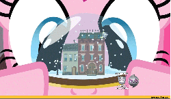 Size: 750x436 | Tagged: safe, screencap, derpy hooves, pinkie pie, pegasus, pony, a friend in deed, g4, animated, female, hub logo, hubble, mare, snow globe, the hub