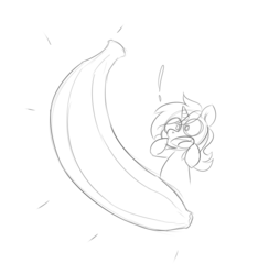 Size: 943x1007 | Tagged: safe, artist:owl-eyes, lyra heartstrings, pony, unicorn, g4, banana, exclamation point, female, food, fruit, grayscale, monochrome, open mouth, simple background, solo, white background