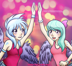 Size: 850x781 | Tagged: safe, artist:marikaefer, artist:yourmomsaname, cloudchaser, flitter, human, g4, clothes, duo, high five, humanized, shirt, winged humanization, wings