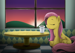 Size: 1000x707 | Tagged: dead source, safe, artist:xioade, fluttershy, pegasus, pony, g4, coffee, cup, eyes closed, female, folded wings, hill, indoors, mare, shading, sitting, solo, sunrise, table, window, wings