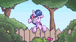 Size: 1354x750 | Tagged: safe, artist:scrimpeh, twilight sparkle, pony, g4, bust, female, fence, flower, looking at you, mare, smiling, solo, tree