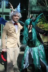 Size: 640x960 | Tagged: artist needed, safe, discord, queen chrysalis, human, g4, bowtie, convention, cosplay, irl, irl human, photo, sakura con
