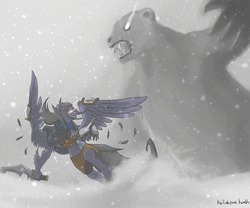 Size: 1280x1067 | Tagged: safe, artist:artsed, oc, oc only, anthro, action pose, fight, night vanguard, sword, tumblr, winter