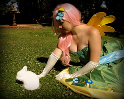 Size: 2228x1784 | Tagged: safe, artist:ringo-chu, fluttershy, human, rabbit, g4, cleavage, clothes, cosplay, dress, female, gala dress, irl, irl human, photo, solo, wings