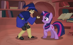 Size: 1280x800 | Tagged: safe, twilight sparkle, human, g4, raised hoof, scrunchy face, wizard