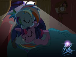 Size: 1600x1200 | Tagged: safe, artist:nightmaremoons, pinkie pie, rainbow dash, twilight sparkle, g4, alternate hairstyle, bed, blanket, clock, cuddling, cushion, female, hug, lesbian, moonlight, ship:twidash, shipping, sleeping, smiling, snuggling