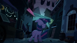 Size: 1920x1080 | Tagged: safe, artist:npm98, twilight sparkle, g4, night, rain, sad, streets, windswept mane