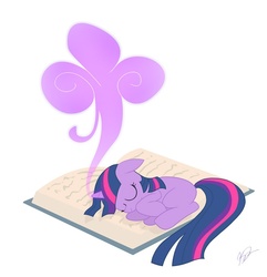 Size: 702x729 | Tagged: safe, artist:egophiliac, twilight sparkle, pony, g4, book, cute, eyes closed, female, filly, floppy ears, magic, on side, simple background, sleeping, smiling, solo, white background