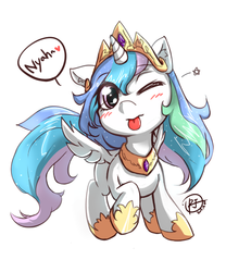 Size: 500x600 | Tagged: safe, artist:rojek-kor, princess celestia, alicorn, pony, g4, bed mane, blushing, cute, cutelestia, daaaaaaaaaaaw, female, hnnng, mare, one eye closed, solo, tongue out, younger