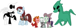 Size: 1465x544 | Tagged: dead source, safe, artist:alisonwonderland1951, alicorn, dragon, earth pony, pony, unicorn, barrel (the nightmare before christmas), bone, clothes, costume, dragonified, frown, jack skellington, lock (the nightmare before christmas), mask, multicolored eyes, no eyes, oogie boogie, ponified, raised hoof, sally skellington, shock (the nightmare before christmas), simple background, skeleton, skeleton costume, smiling, the nightmare before christmas, transparent background, vector
