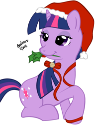 Size: 1338x1748 | Tagged: safe, artist:geoberos, twilight sparkle, g4, bedroom eyes, hat, holly, holly mistaken for mistletoe, santa hat