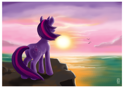 Size: 1024x726 | Tagged: safe, artist:styxlady, twilight sparkle, g4, butt, cliff, plot, scenery, sun