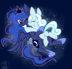 Size: 1920x1832 | Tagged: dead source, safe, artist:daisy-dictator, princess luna, oc, oc:snowdrop, alicorn, pegasus, pony, g4, happy, hug, smiling