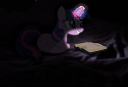 Size: 1962x1339 | Tagged: safe, artist:amiller911, twilight sparkle, g4, glowing horn, horn, night book, reading, smiling