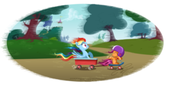 Size: 3200x1600 | Tagged: safe, artist:tiffanymarsou, rainbow dash, scootaloo, pegasus, pony, g4, blank flank, duo, duo female, eyes closed, female, filly, foal, mare, scootalove, scooter, side view, signature, sitting, speed lines, spread wings, tree, wagon, wings