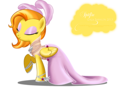 Size: 1500x1053 | Tagged: dead source, safe, artist:tiffanymarsou, spitfire, pegasus, pony, g4, alternate hairstyle, clothes, dancing, dress, eyes closed, female, gala, gala dress, hoof shoes, makeup, mare, pink, show accurate, simple background, solo, tomboy taming, transparent background