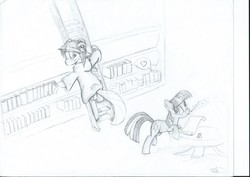 Size: 2338x1654 | Tagged: safe, artist:thadis, twilight sparkle, oc, g4, book, inkwell, ladder, quill, scroll, traditional art