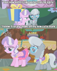 Size: 777x960 | Tagged: safe, edit, edited screencap, screencap, diamond tiara, silver spoon, call of the cutie, g4, caption, clothes, dress, glasses, present