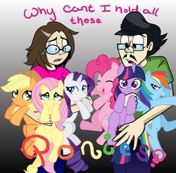 Size: 1730x1700 | Tagged: safe, artist:silver-fox17, applejack, fluttershy, pinkie pie, rainbow dash, rarity, twilight sparkle, human, pony, g4, cute, glasses, holding, holding a pony, mane six, why can't i hold all these x