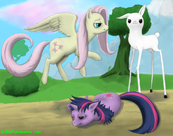 Size: 1188x936 | Tagged: safe, artist:ratchieftain, angel bunny, fluttershy, twilight sparkle, pegasus, pony, unicorn, g4, amputee, discorded, floating, flutterbitch, twilight stumple, unicorn twilight