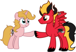 Size: 1024x704 | Tagged: safe, artist:alisonwonderland1951, oc, oc only, oc:blast furnace, oc:loriety, pegasus, pony, unicorn, hoofbump, request, simple background, smiling, spread wings, transparent background, unshorn fetlocks