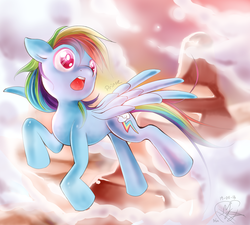 Size: 600x540 | Tagged: safe, artist:prllnce, rainbow dash, pegasus, pony, g4, cloud, eyes open, flying, mountain, open mouth, wings