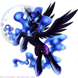 Size: 2000x2003 | Tagged: safe, artist:spittfireart, nightmare moon, pony, g4, belly, concave belly, ethereal mane, ethereal tail, female, flaming eyes, helmet, hoof shoes, long tail, moon, peytral, princess shoes, rearing, slender, solo, spread wings, tail, thin, wings