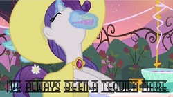 Size: 800x450 | Tagged: safe, edit, edited screencap, screencap, rarity, pony, g4, my little pony: friendship is magic, sweet and elite, clothes, dress, drink, drinking, female, hat, magic, punch, quote, solo, streets of fire, text, text edit