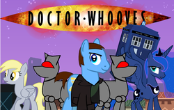 Size: 866x548 | Tagged: safe, artist:fedora, derpy hooves, doctor whooves, princess luna, time turner, pegasus, pony, g4, christopher eccleston, doctor who, fanfic, female, jumper, mare, ninth doctor, peacoat, robots, tardis