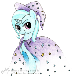 Size: 600x627 | Tagged: safe, artist:emfen, trixie, pony, unicorn, g4, cape, clothes, female, hat, mare, simple background, smiling, solo, traditional art, transparent background, trixie's cape, trixie's hat