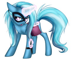 Size: 600x484 | Tagged: safe, artist:sakuyamon, trixie, pony, unicorn, fanfic:other side of the spectrum, fanfic:the conversion bureau, g4, alternate universe, fanfic art, female, knife, magic, mare, mask, solo, spy, the conversion bureau